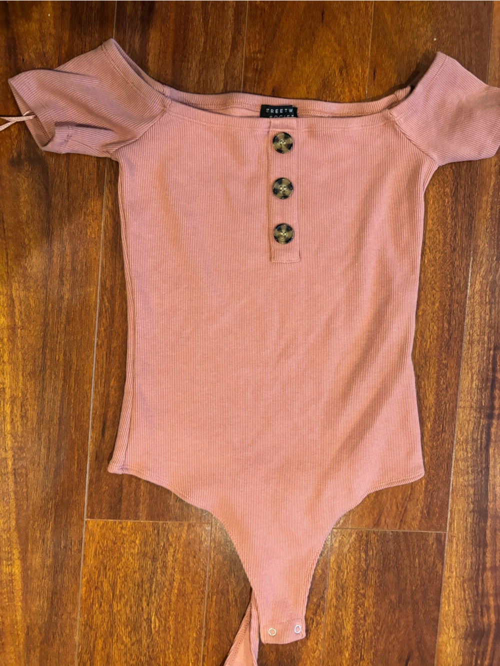 Streetwear Society Dusty Rose Ribbed Off-Shoulder Button Bodysuit